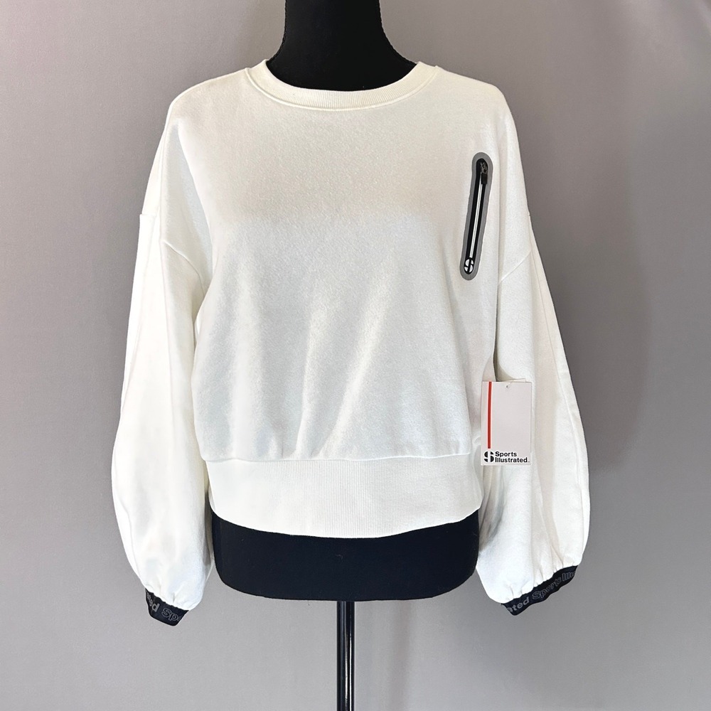 Sports Illustrated Pullover‎ Sweatshirt Woman's Crop Balloon Sleeve White XL NEW